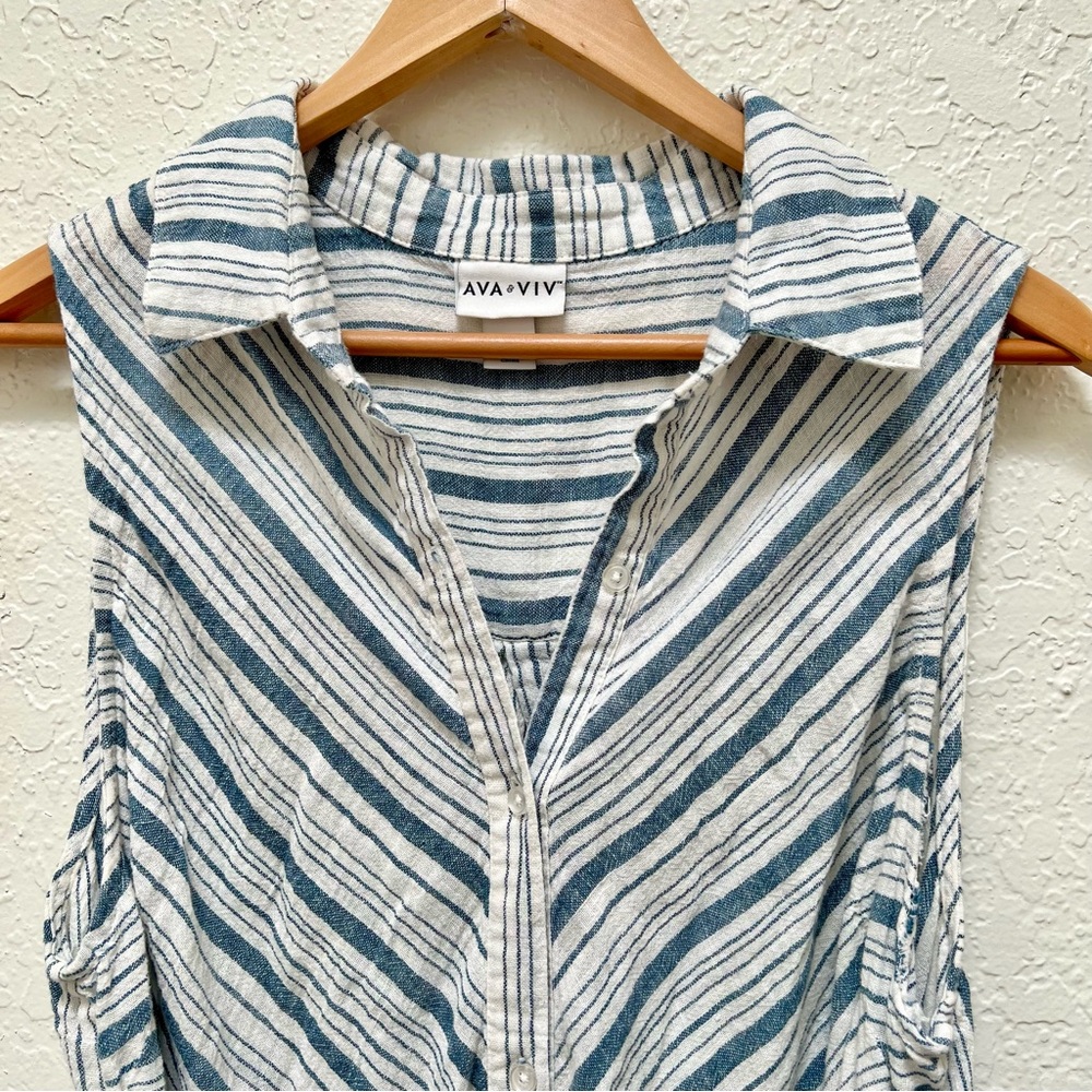 AVA VIV Sleeveless Striped Shirt Dress with Tie Belt‎ Casual Coastal - Picture 2 of 5